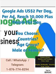 Google Ads US$2 Per Day, Per Ad, Reach 10,000 Plus People Per Day